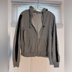Gray Zip-Up Hoodie with Black Stripes